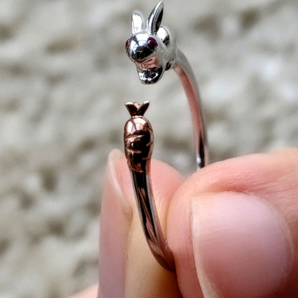 Bunny and carrot silver ring